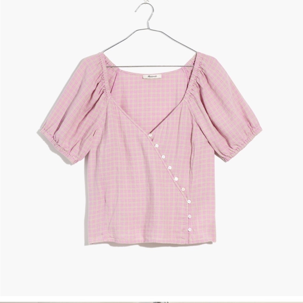 Linen-Blend Puff-Sleeve Button-Wrap Top in Plaid